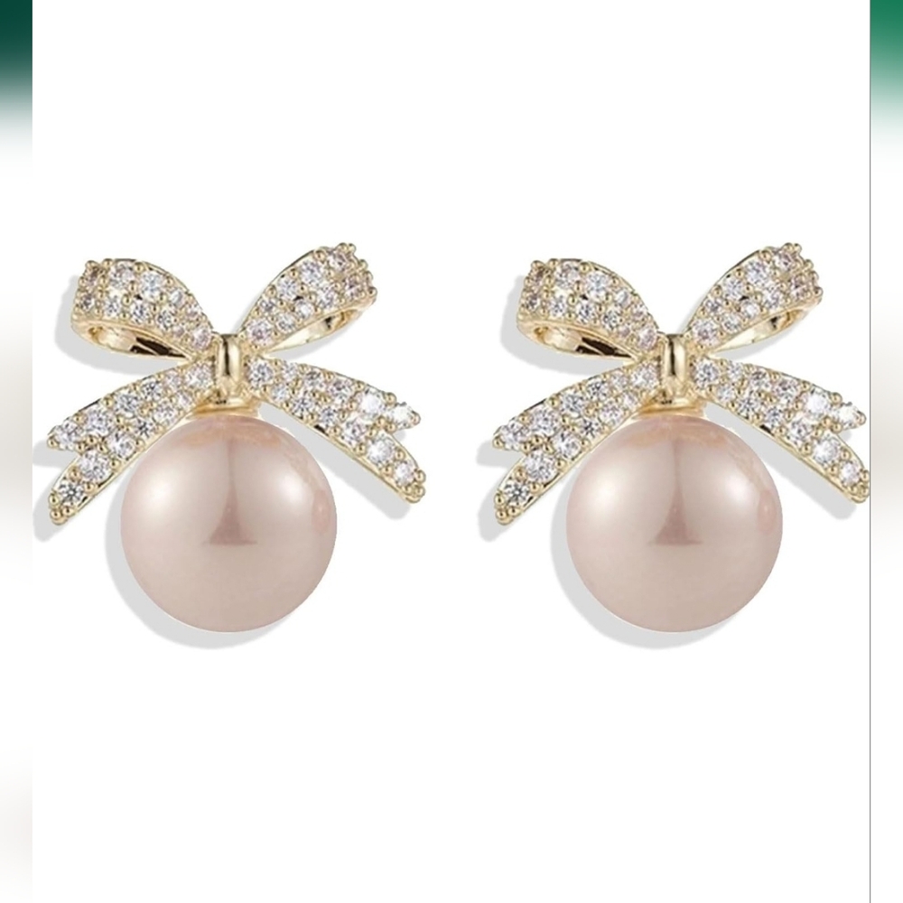 Rhinestine Bow Pearl Earrings